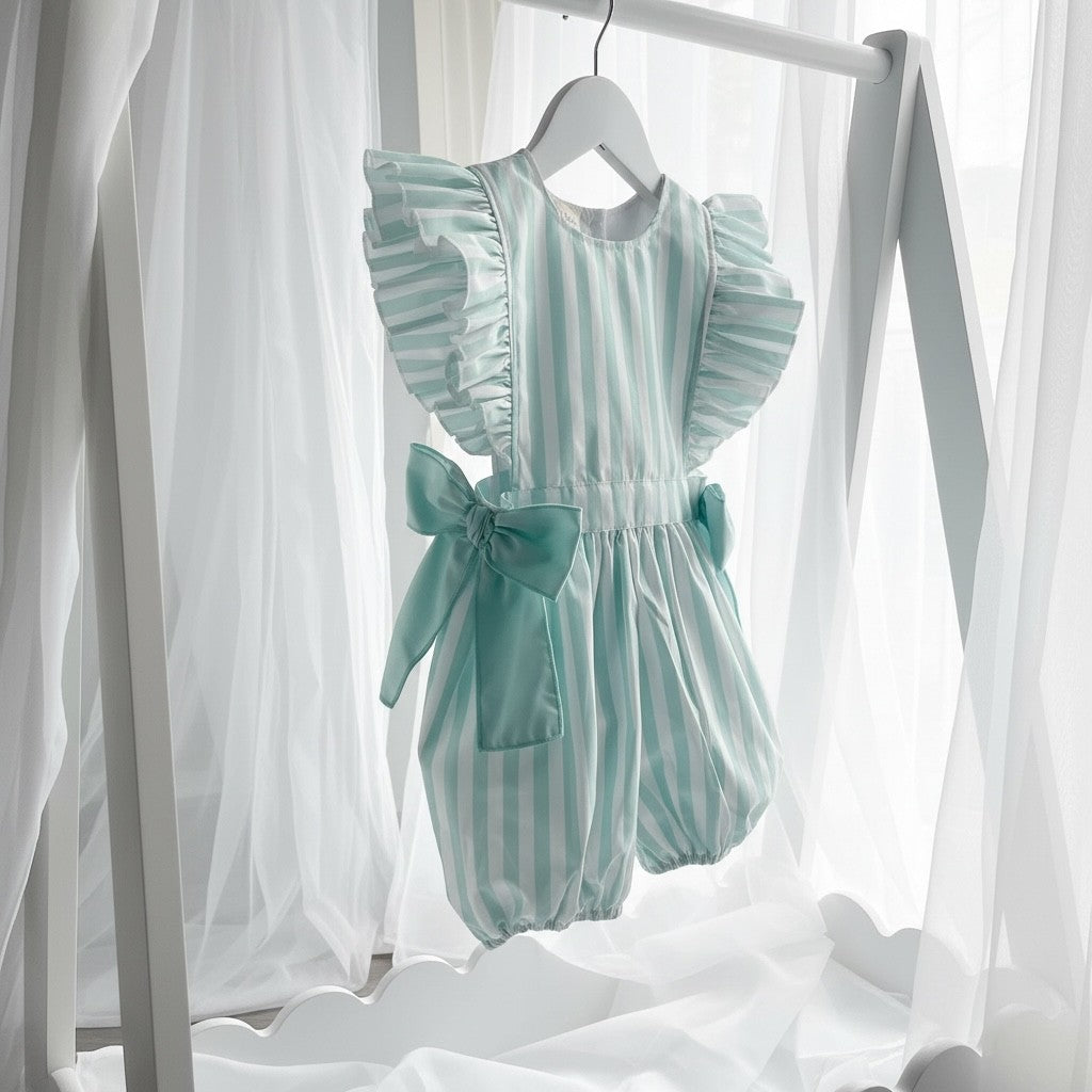 Meia Pata Mint Green Stripe Cotton Jumpsuit with Bows