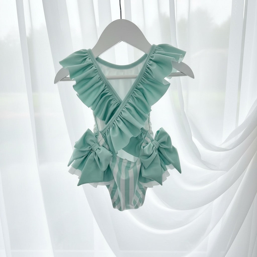 Meia Pata Mint Green Striped Swimming Costume with Mint Green Frill Collar