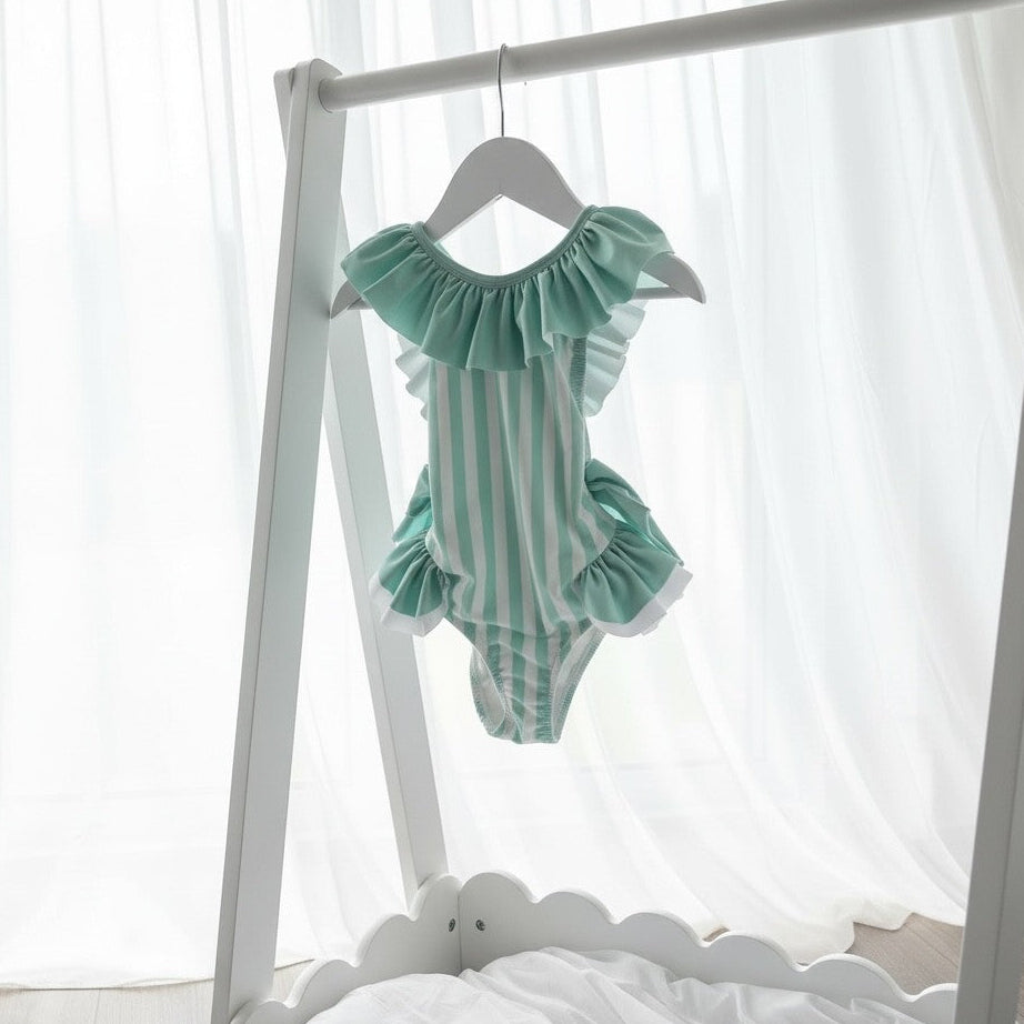 Meia Pata Mint Green Striped Swimming Costume with Mint Green Frill Collar