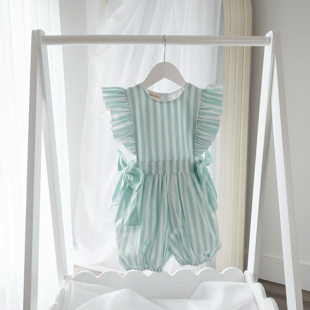 Meia Pata Mint Green Stripe Cotton Jumpsuit with Bows