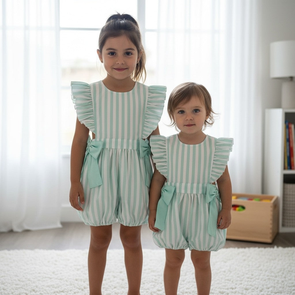 Meia Pata Mint Green Stripe Cotton Jumpsuit with Bows