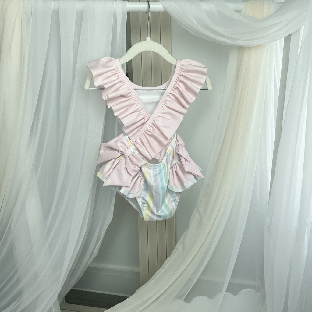 Meia Pata Girls Pastel Striped Swimming Costume - Pink Frill Collar