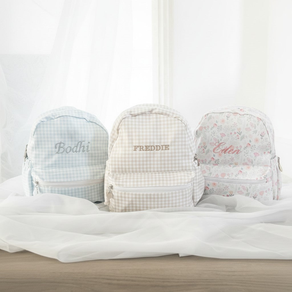 Personalised Beige Gingham Backpack