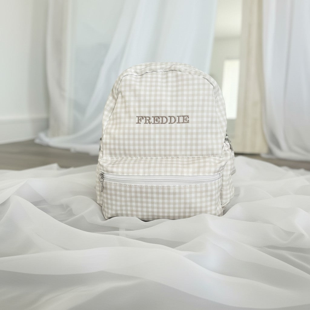 Personalised Beige Gingham Backpack