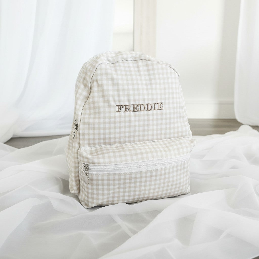 Personalised Beige Gingham Backpack