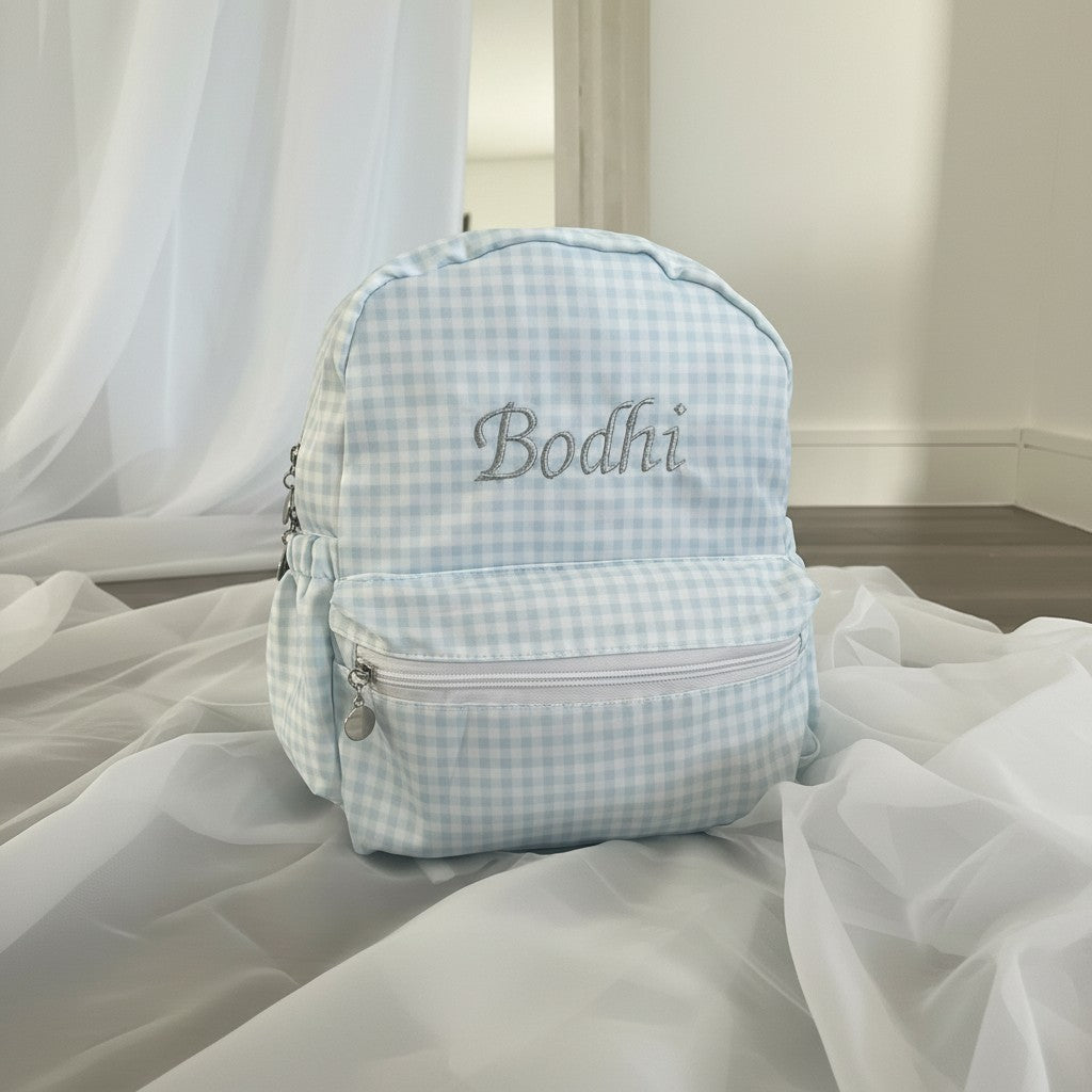 Personalised Baby Blue Gingham Backpack