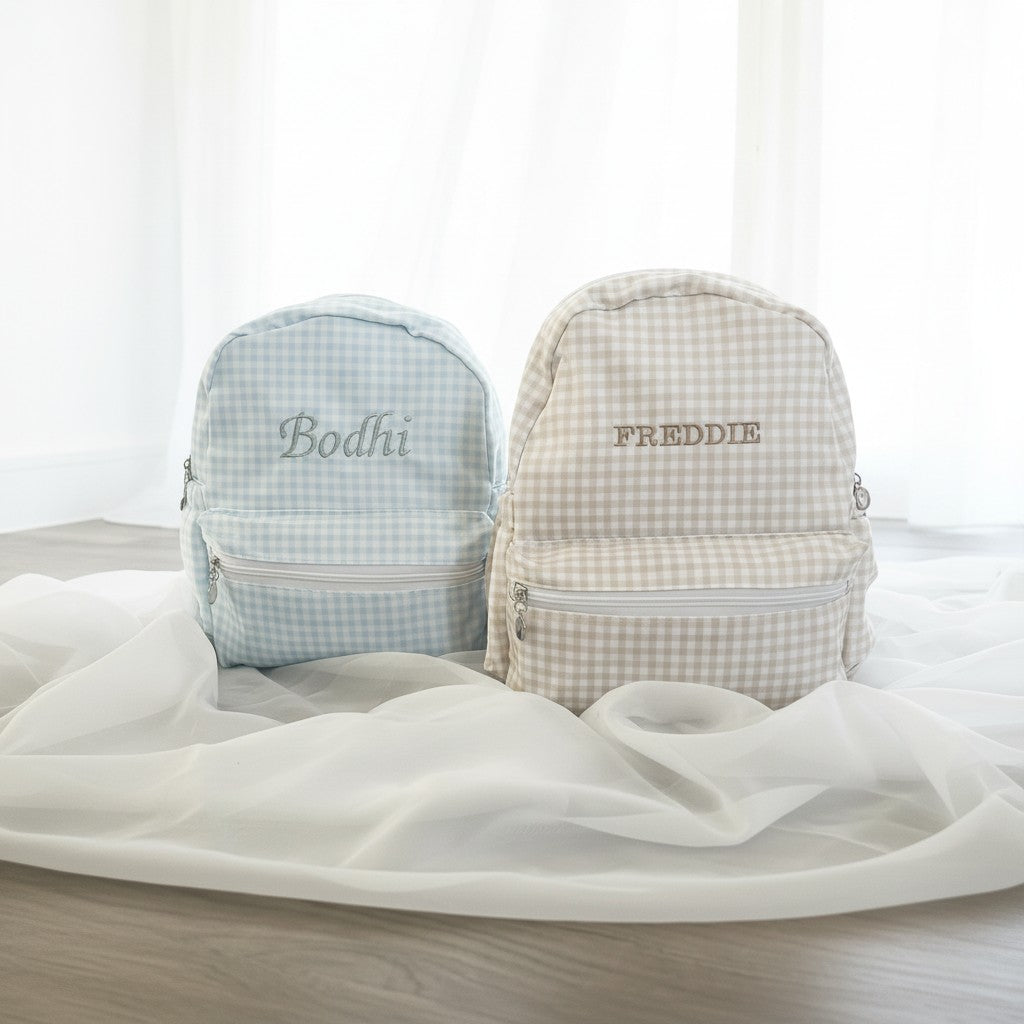 Personalised Beige Gingham Backpack