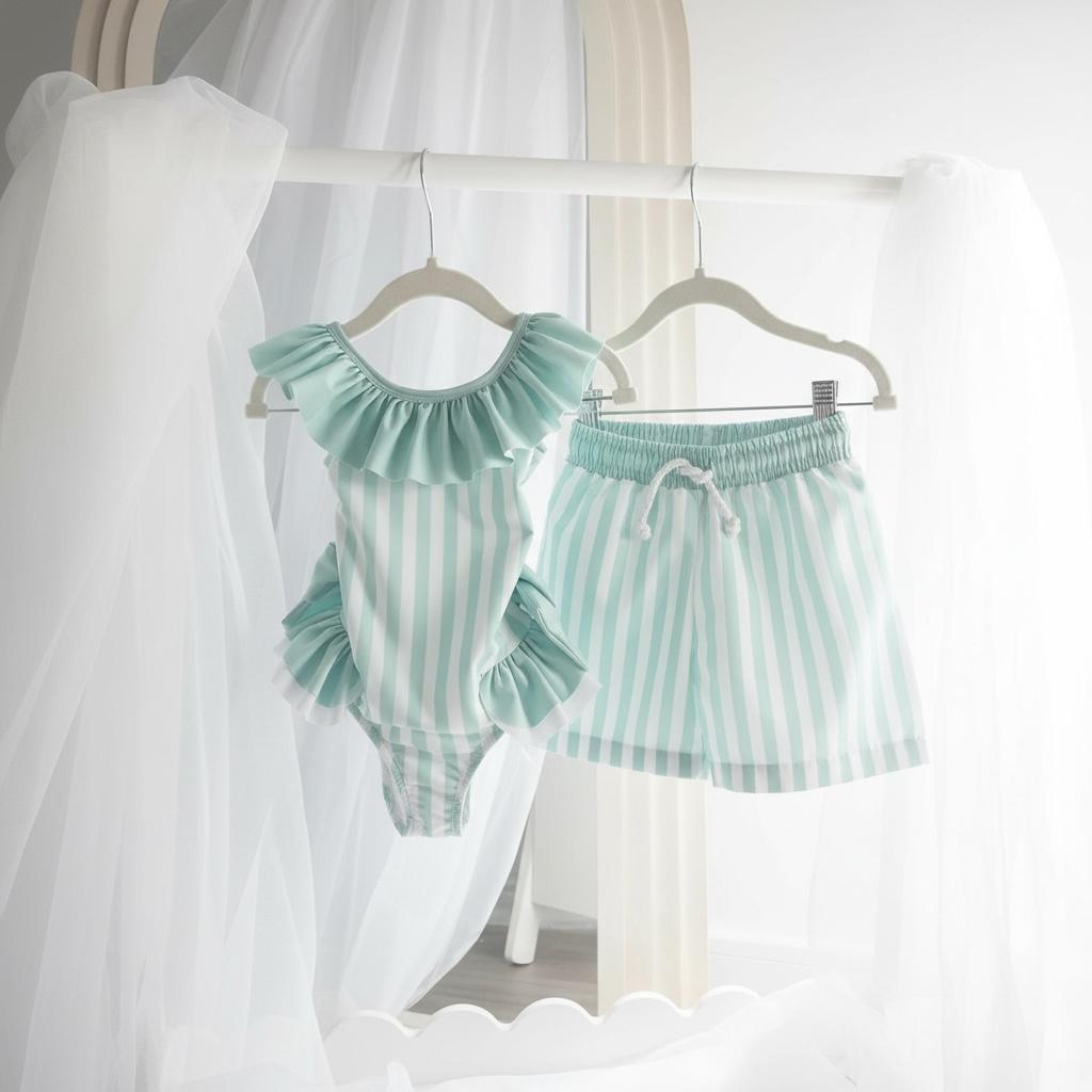 Meia Pata Mint Green Striped Swimming Costume with Mint Green Frill Collar