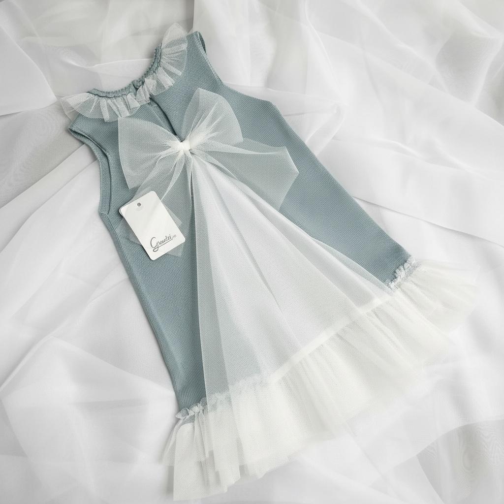 Artesania Granlei Tulle Bow Dress - Dusky Blue
