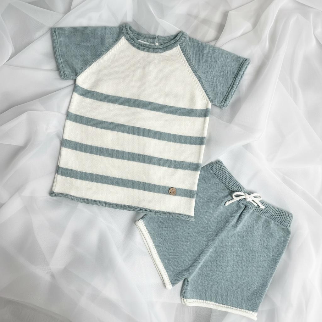 Artesania Granlei Knitted Stripe Short Set- Dusky Blue