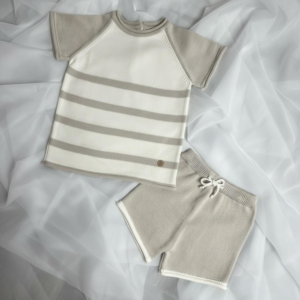 Artesania Granlei Knitted Stripe Short Set- Soft Beige