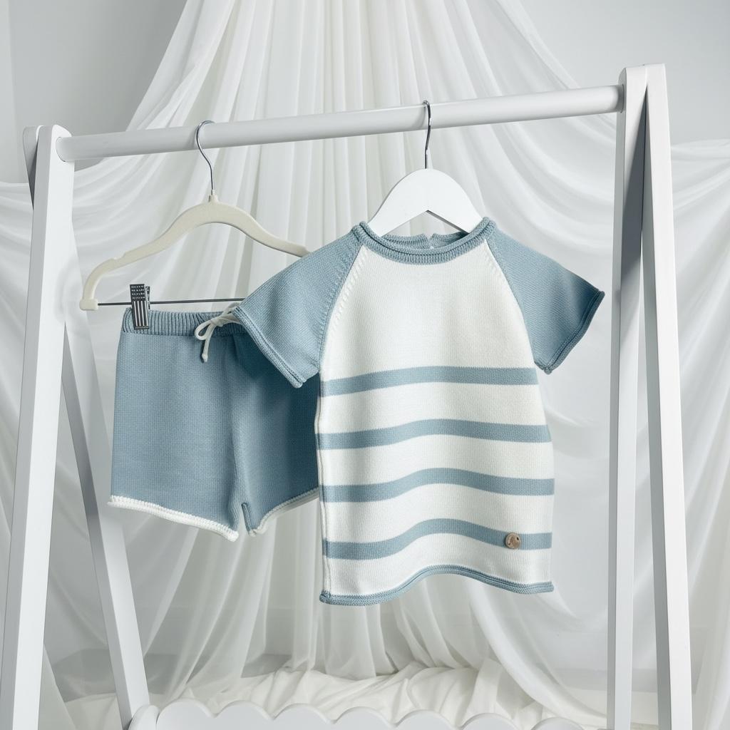 Artesania Granlei Knitted Stripe Short Set- Dusky Blue