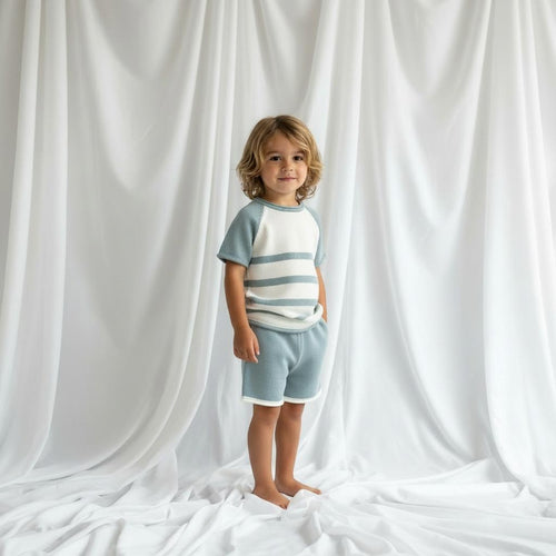 Artesania Granlei Knitted Stripe Short Set- Dusky Blue