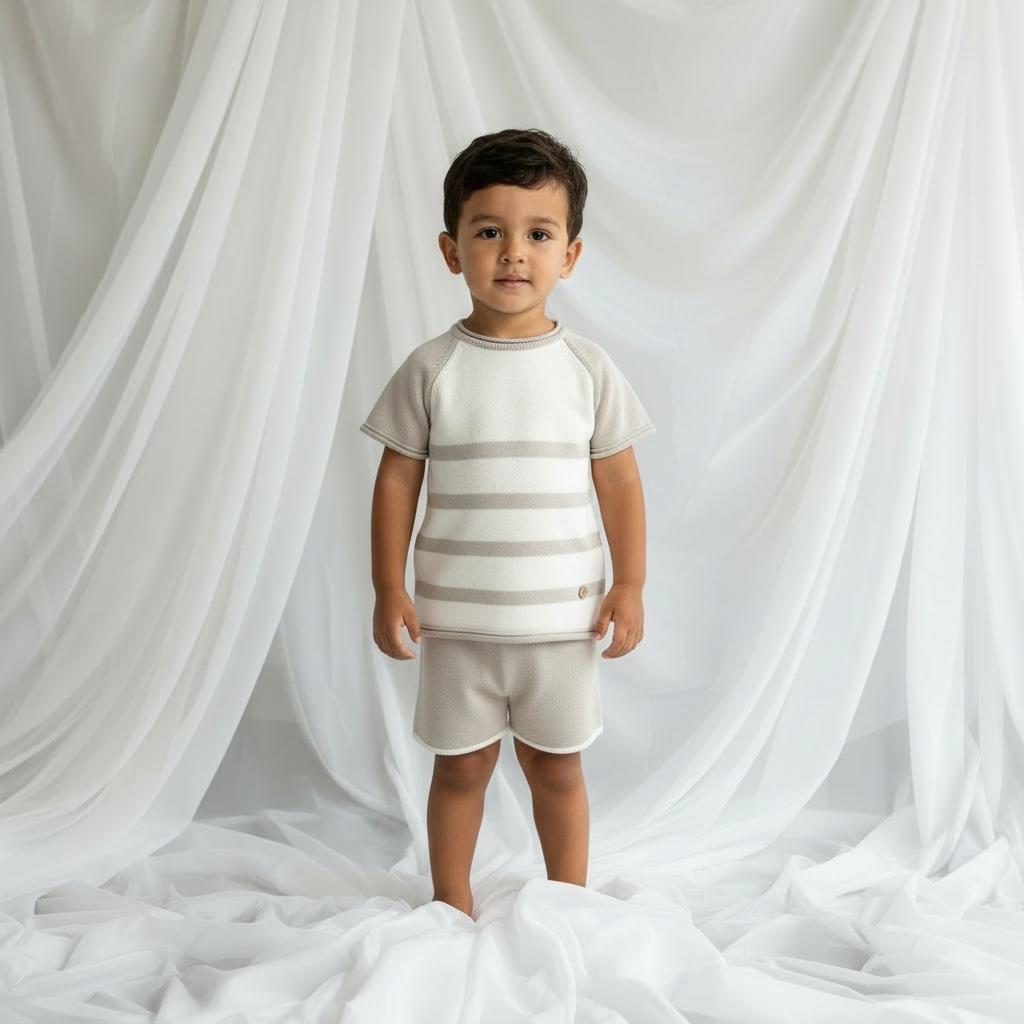 Artesania Granlei Knitted Stripe Short Set- Soft Beige