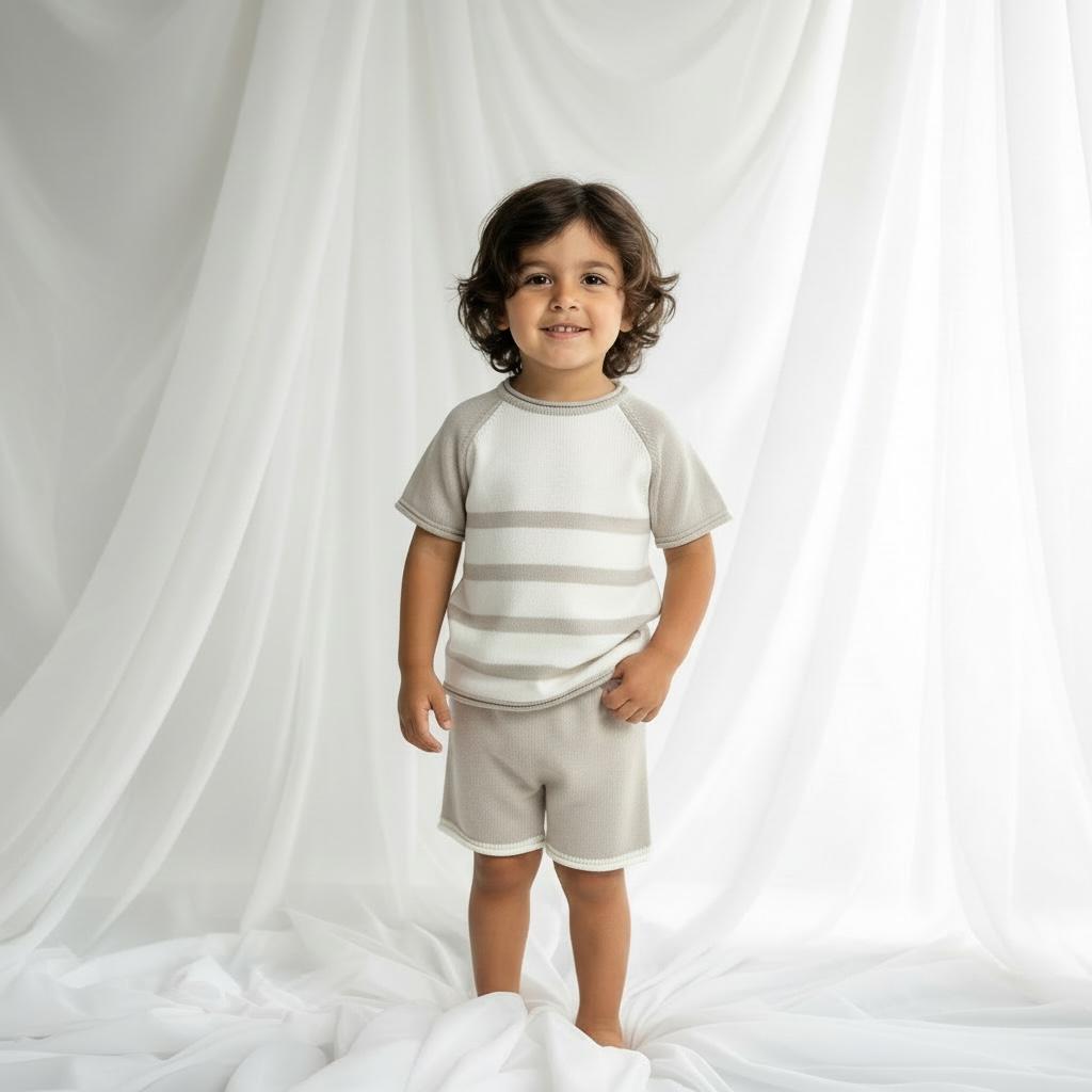 Artesania Granlei Knitted Stripe Short Set- Soft Beige