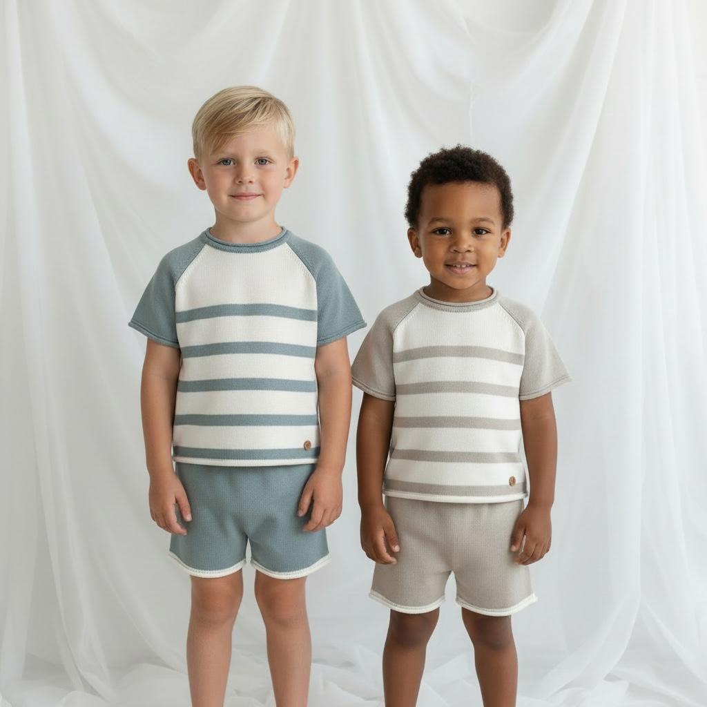 Artesania Granlei Knitted Stripe Short Set- Dusky Blue