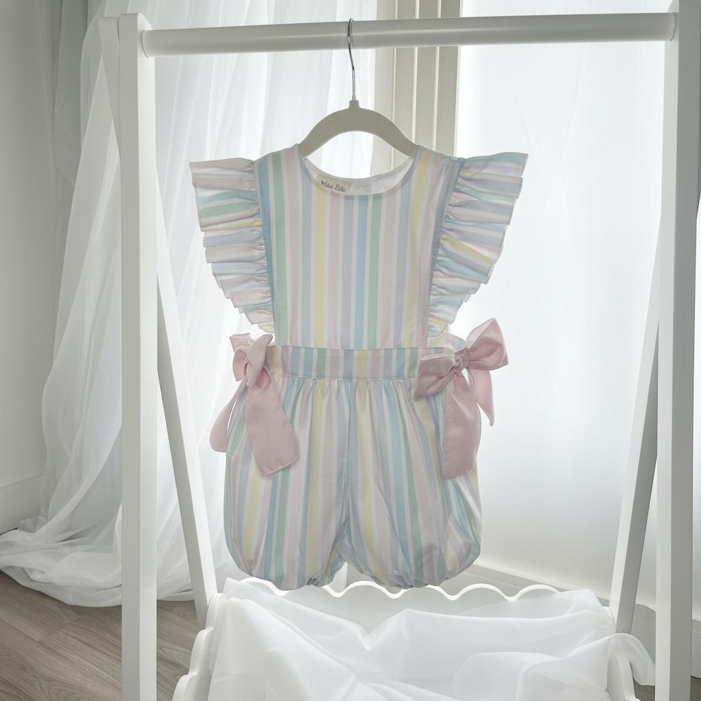Meia Pata Pastel Stripe Cotton Jumpsuit with Pink Bows