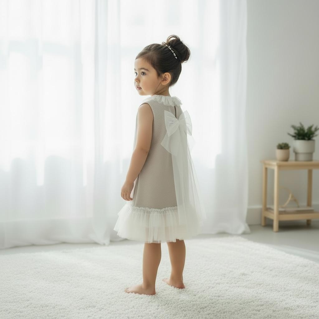 Artesania Granlei Tulle Bow Dress - Soft Beige