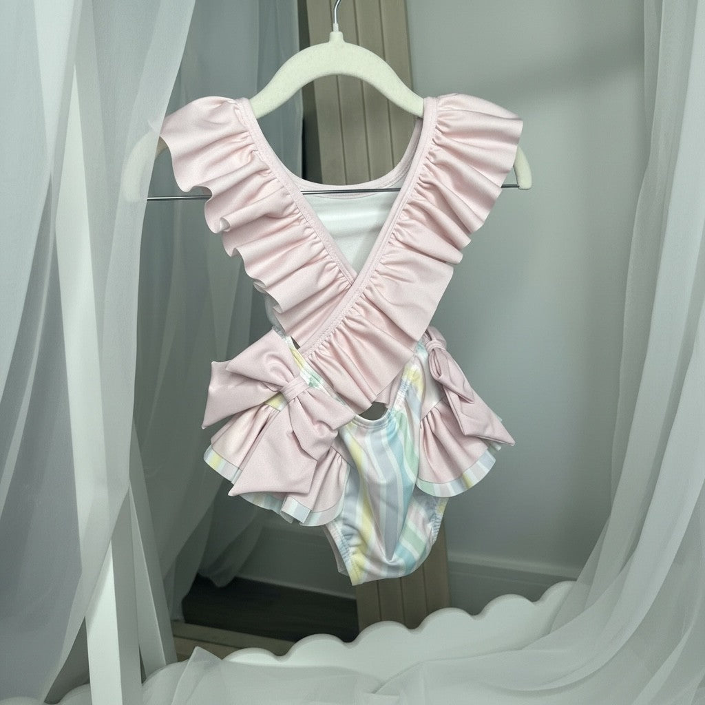 Meia Pata Girls Pastel Striped Swimming Costume - Pink Frill Collar