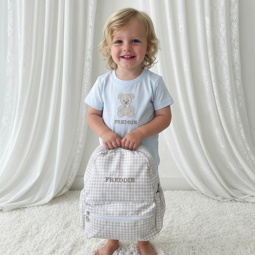 Personalised Beige Gingham Backpack