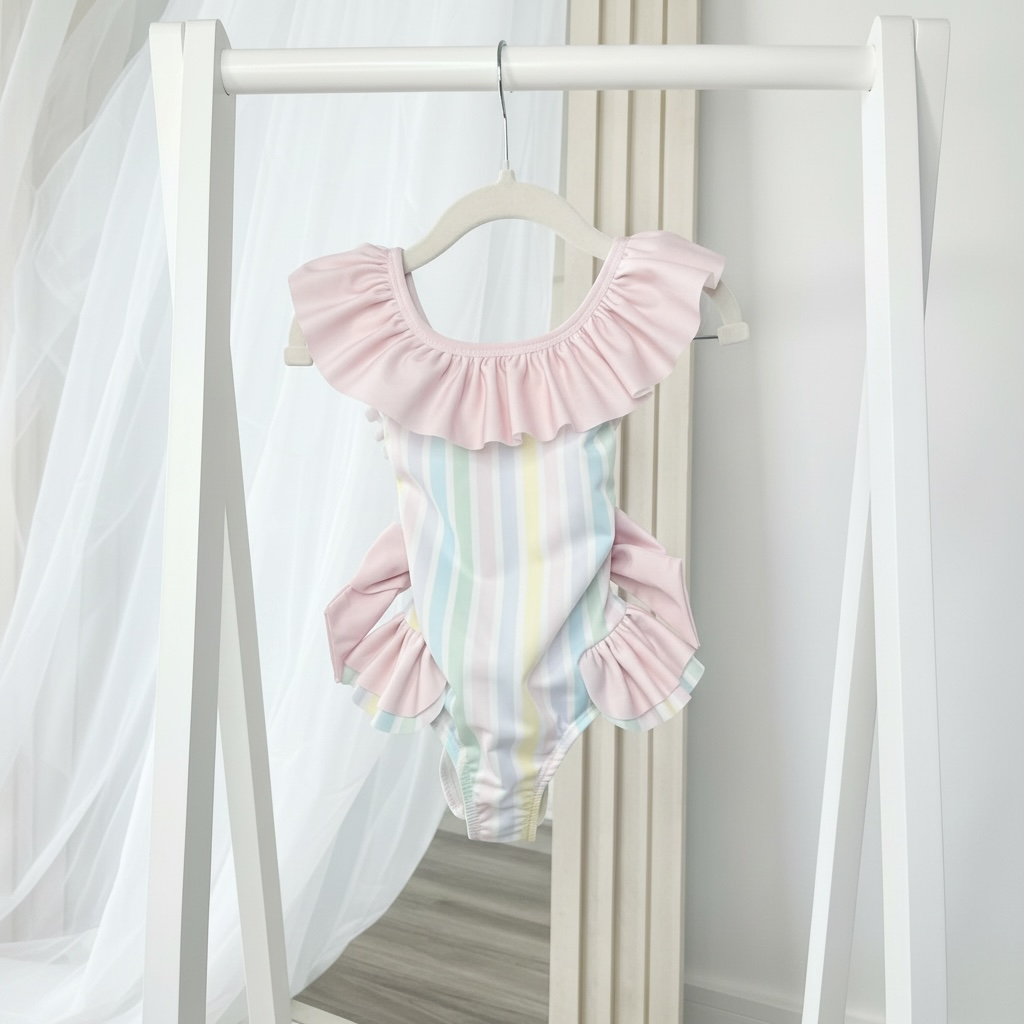 Meia Pata Girls Pastel Striped Swimming Costume - Pink Frill Collar